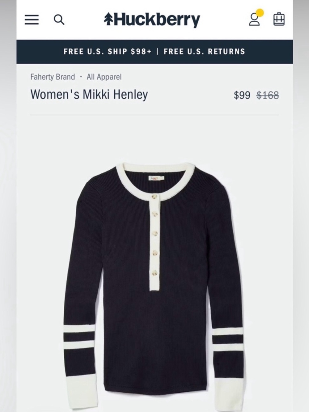 Faherty Mikki Henley Sweater S Navy Blue Ribbed Organic Cotton Cashmere Coastal - Picture 9 of 9
